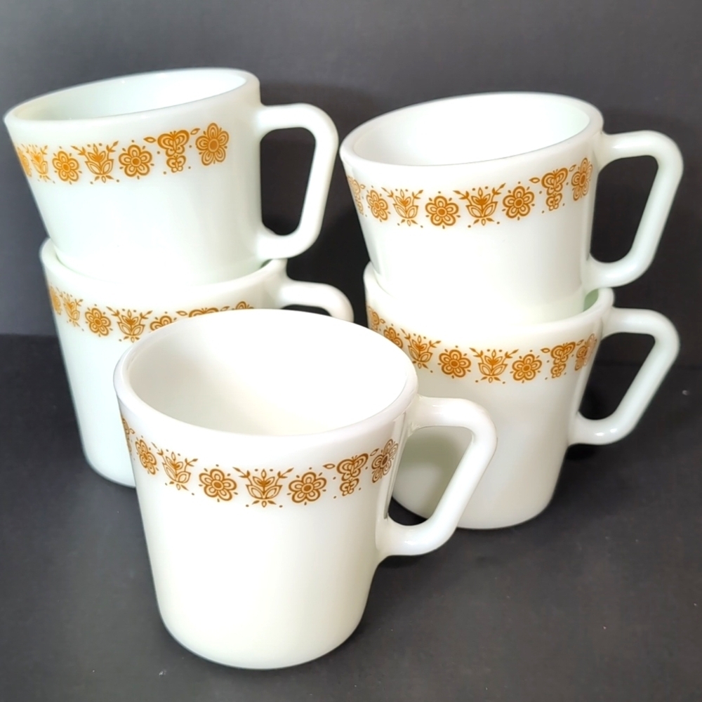 Vintage Pyrex Butterfly Gold lot of 5 Glass Coffee Cups.